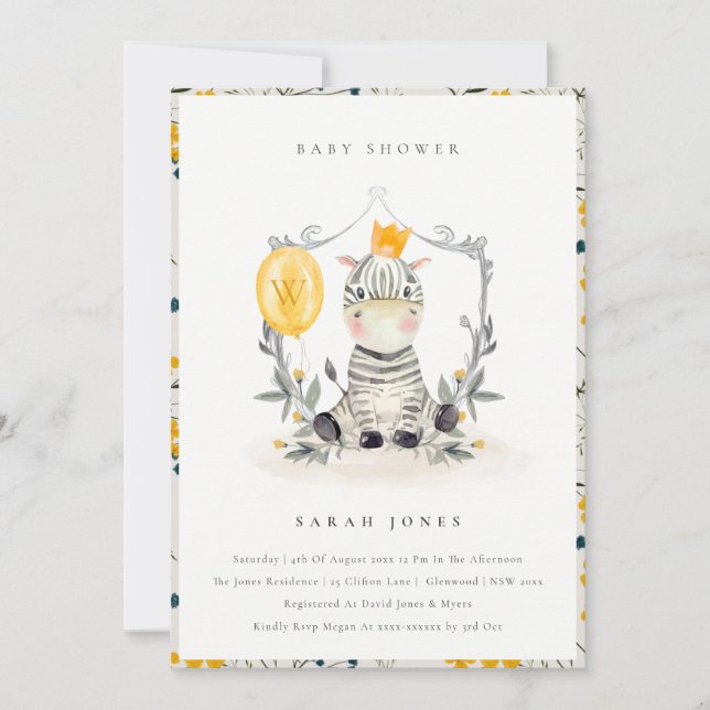 Cute Yellow Baby Zebra Foliage Baby Shower Invite (Front)