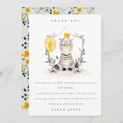 Cute Yellow Baby Zebra Foliage Baby Shower Thank You Card