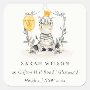 Cute Yellow Baby Zebra Foliage Balloon Address Square Sticker