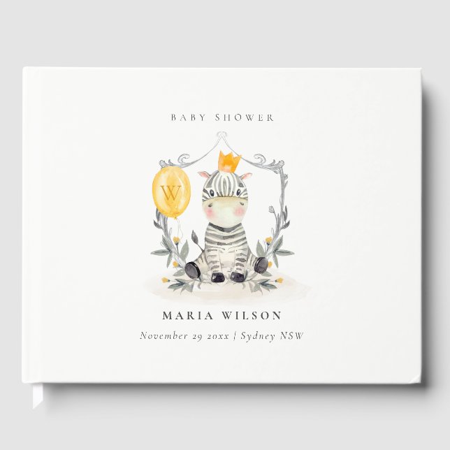 Cute Yellow Baby Zebra Foliage Balloon Baby Shower Guest Book (Front)
