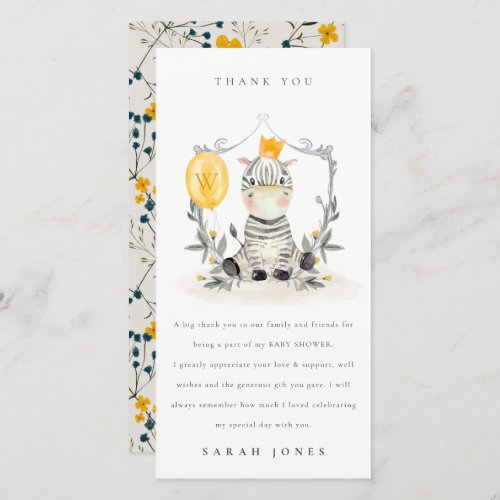 Cute Yellow Baby Zebra Foliage Balloon Baby Shower Thank You Card