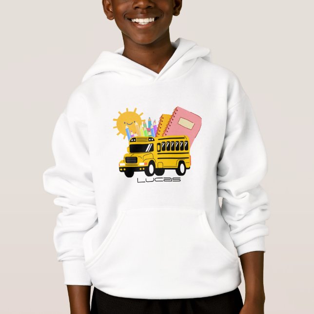 Cute yellow back to school bus boy custom name hoodie (Front)