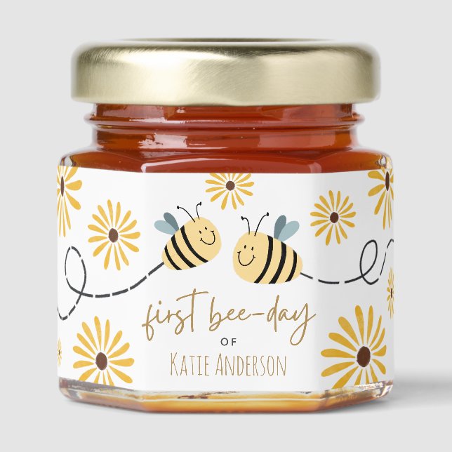 Cute Yellow Bee and Sunflower First Bee-day Honey Jar Favors (Front)