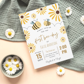 Cute Yellow Bee and Sunflower First Bee-day Invitation