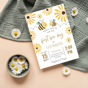 Cute Yellow Bee and Sunflower First Bee day Invitation