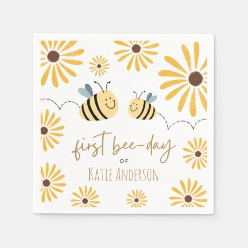 Cute Yellow Bee and Sunflower First Bee_day Napkins