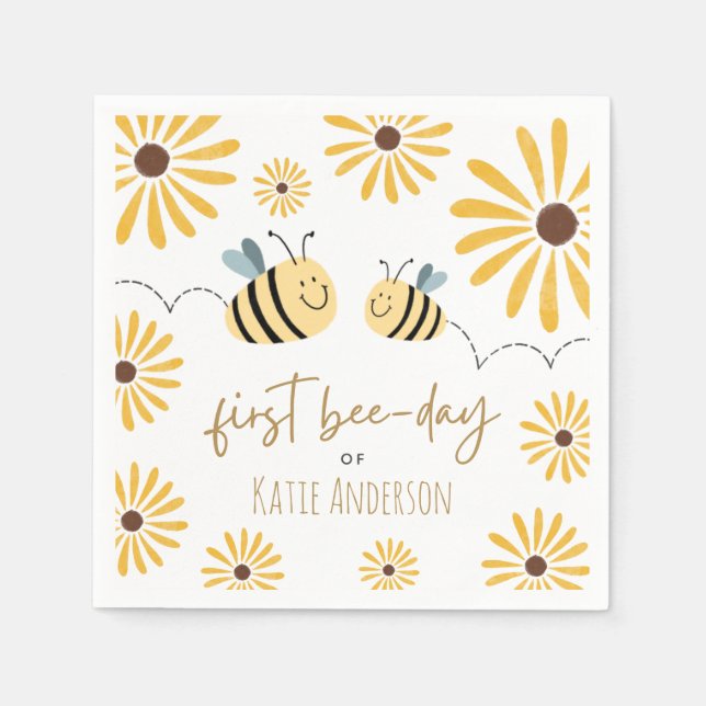 Cute Yellow Bee and Sunflower First Bee-day Napkins (Front)