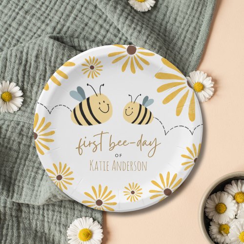 Cute Yellow Bee and Sunflower First Bee_day Paper Plates