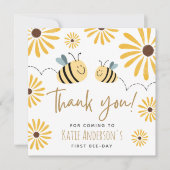 Cute Yellow Bee and Sunflower First Bee-day Photo Thank You Card (Front)