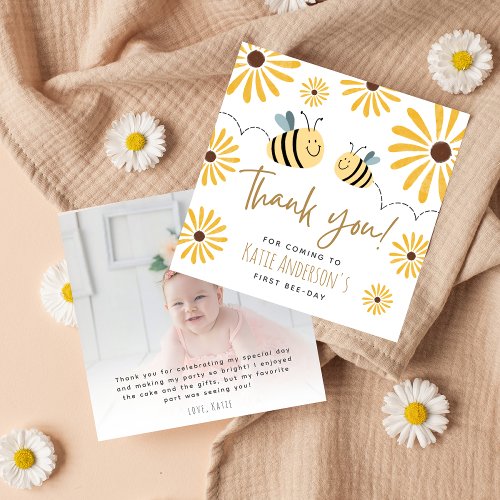 Cute Yellow Bee and Sunflower First Bee_day Photo Thank You Card