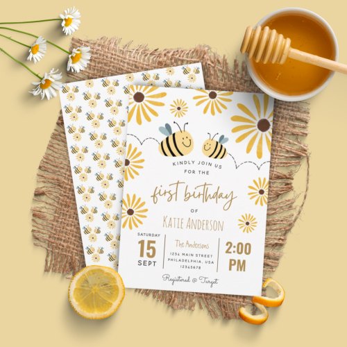 Cute Yellow Bee and Sunflower First Birthday Invitation