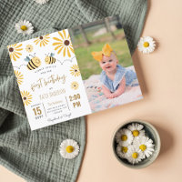 Cute Yellow Bee and Sunflower First Birthday Photo