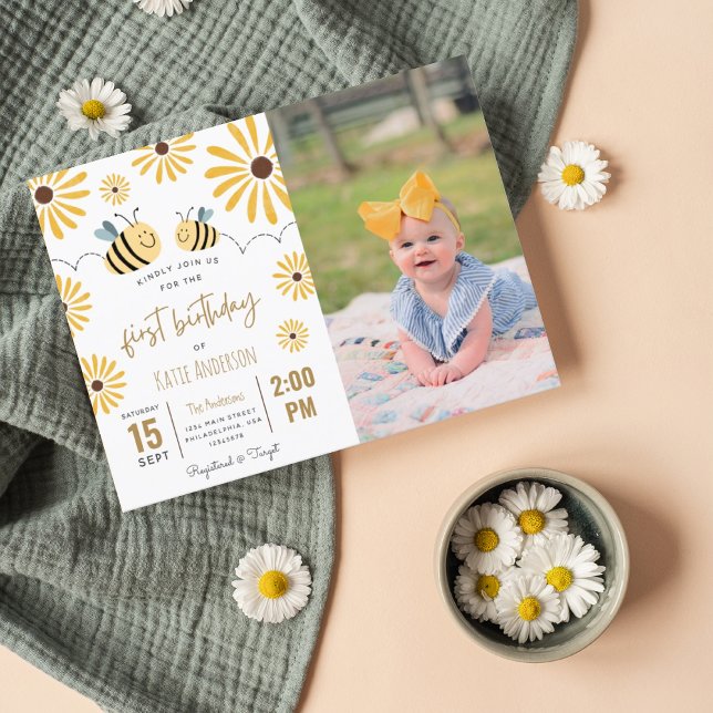 Cute Yellow Bee and Sunflower First Birthday Photo Invitation Postcard (Creator Uploaded)