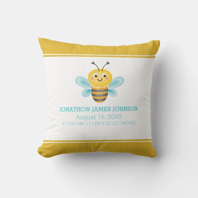 Cute Yellow Bee Birth Stats Throw Pillow (Front)
