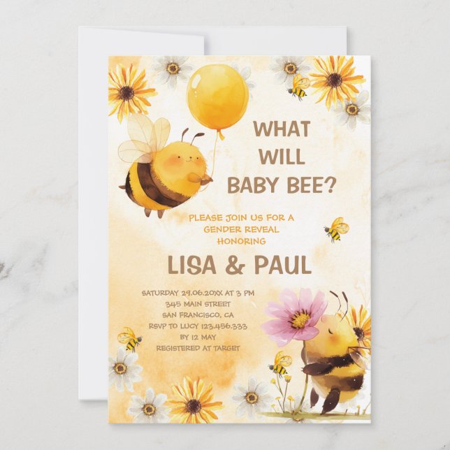 Cute Yellow Bee Daisy Gender Reveal Invitation (Front)