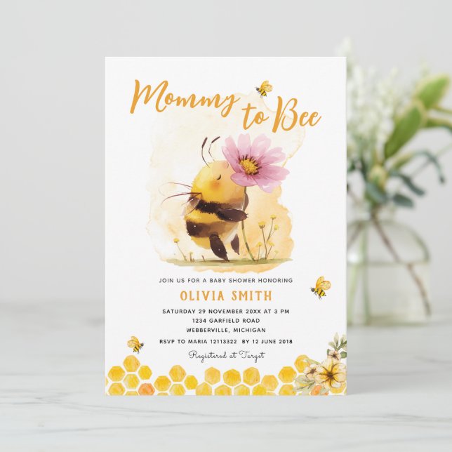 Cute Yellow Bee Daisy Mommy To Bee Baby shower Invitation (Standing Front)