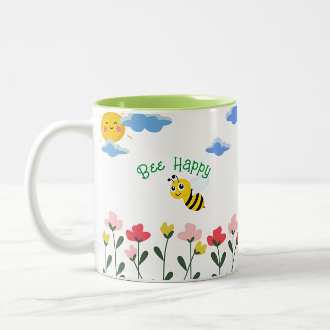 Cute Yellow Bee sitting on flowers  Two-Tone Coffee Mug (Left)
