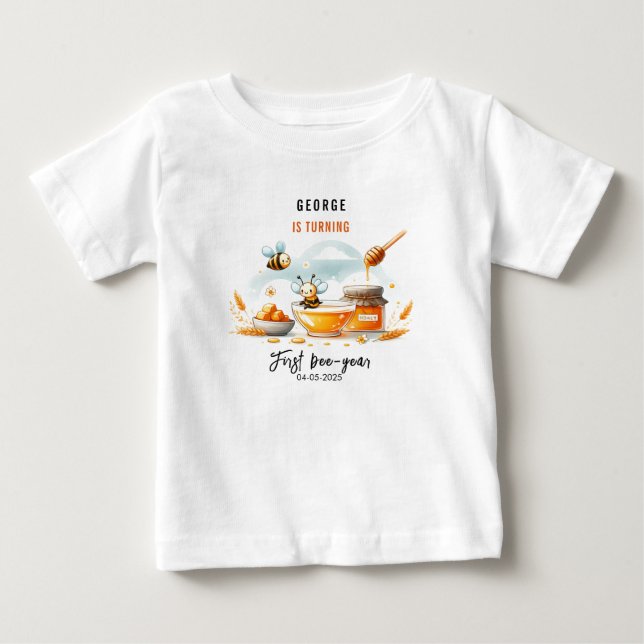 Cute Yellow Bee & Sunflower 1st Bee-Day Birthday Baby T-Shirt (Front)