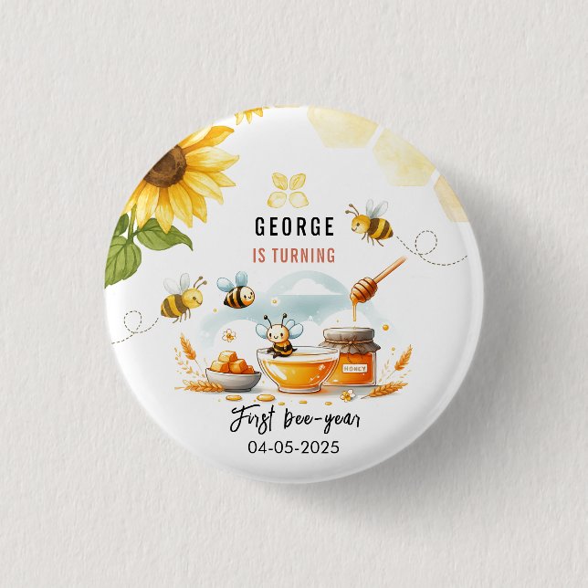Cute Yellow Bee & Sunflower 1st Bee-Day Birthday Button (Front)