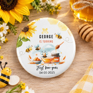 Cute Yellow Bee & Sunflower 1st Bee-Day Birthday Button