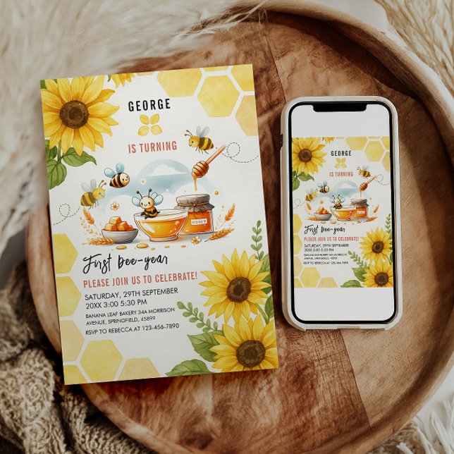 Cute Yellow Bee & Sunflower 1st Bee-Day Birthday Invitation (Creator Uploaded)