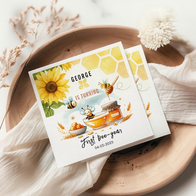 Cute Yellow Bee & Sunflower 1st Bee-Day Birthday Napkins (Creator Uploaded)