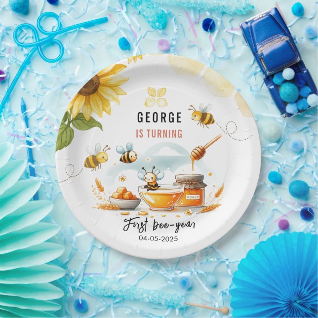Cute Yellow Bee & Sunflower 1st Bee-Day Birthday Paper Plates (Party)