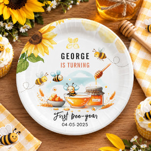 Cute Yellow Bee & Sunflower 1st Bee-Day Birthday Paper Plates