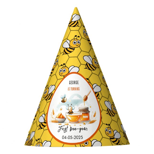 Cute Yellow Bee & Sunflower 1st Bee-Day Birthday Party Hat (Front)