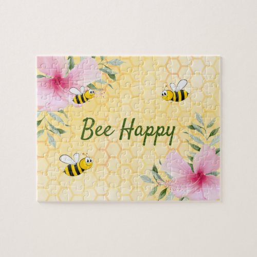 Cute Yellow bees pink tropical flowers Summer Jigsaw Puzzle