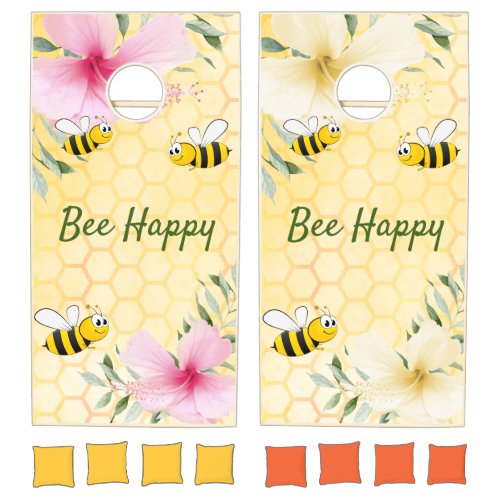 Cute Yellow bees tropical flowers Cornhole Set