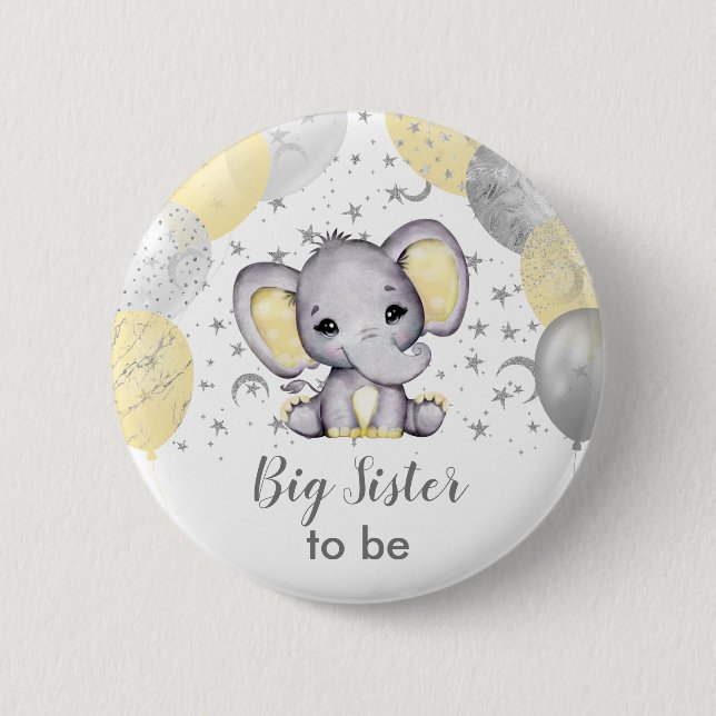 Cute Yellow Big Sister Elephant Balloons Button (Front)