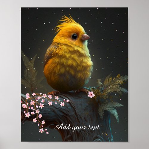 Cute Yellow Bird Pink Flower Starry Night Wildlife Poster