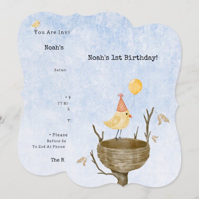 Cute Yellow Bird With Balloon Birthday Invitation (Front/Back)