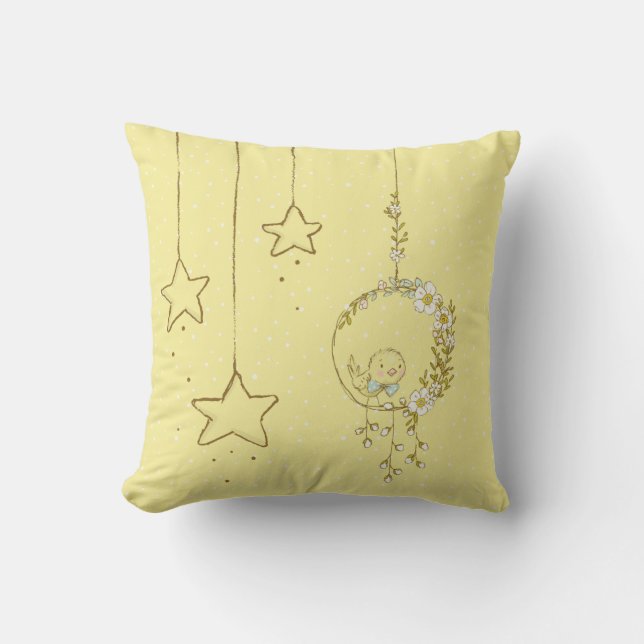 Cute Yellow Birdie Nursery Stars Boy or Girl Throw Pillow (Front)