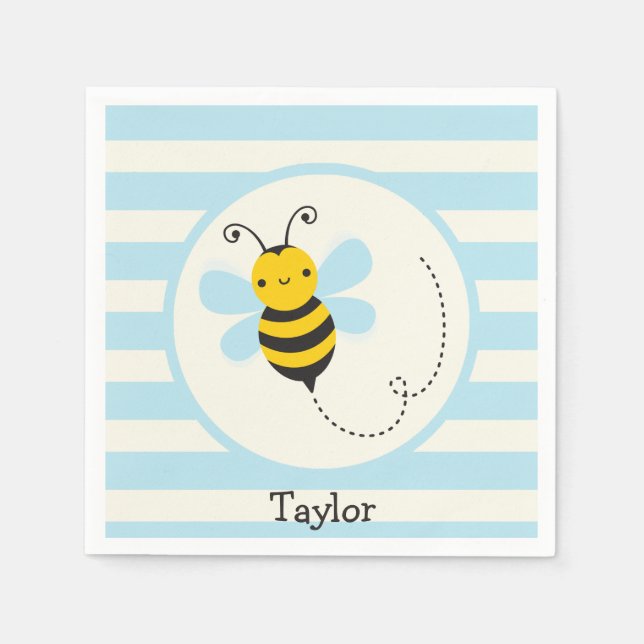 Cute Yellow & Black Bee on Baby Blue Stripes Napkins (Front)