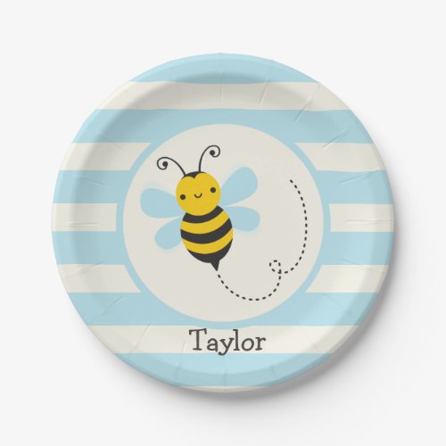 Cute Yellow  Black Bee on Baby Blue Stripes Paper Plates