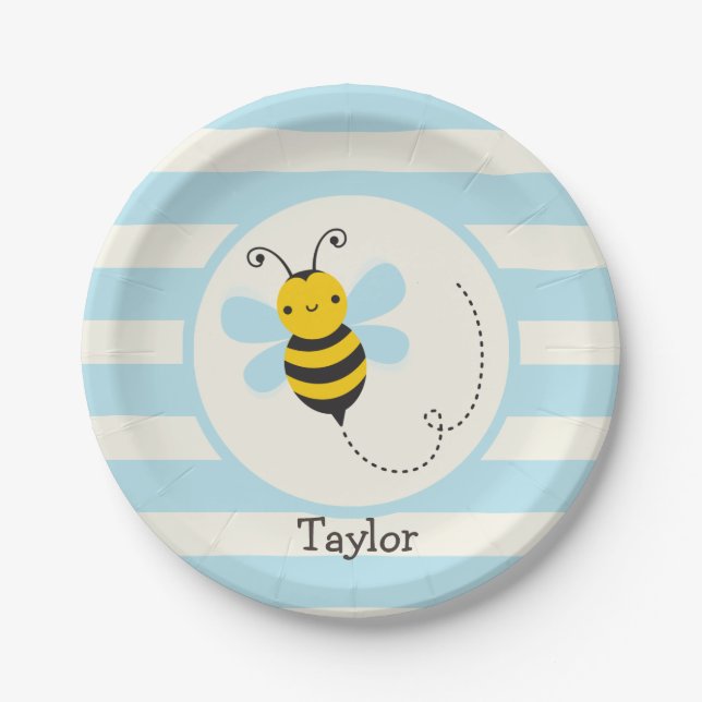 Cute Yellow & Black Bee on Baby Blue Stripes Paper Plates (Front)