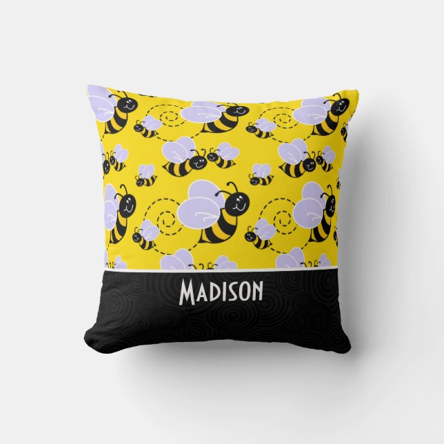Cute Yellow & Black Bee Throw Pillow (Front)
