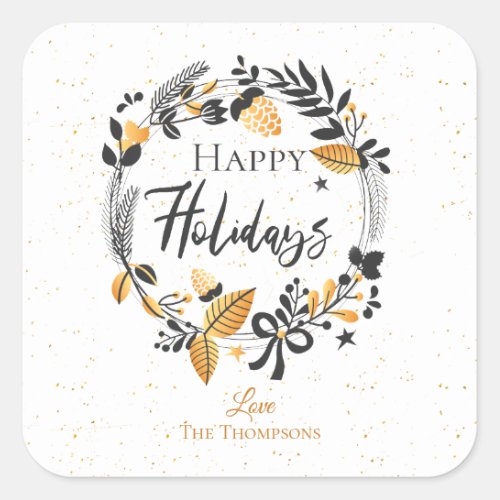 Cute Yellow Black Wreath Script Happy Holidays Square Sticker