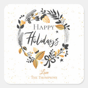 Cute Yellow Black Wreath Script Happy Holidays Square Sticker