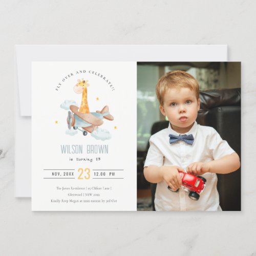 Cute Yellow Blue Airplane Giraffe Photo Birthday Invitation