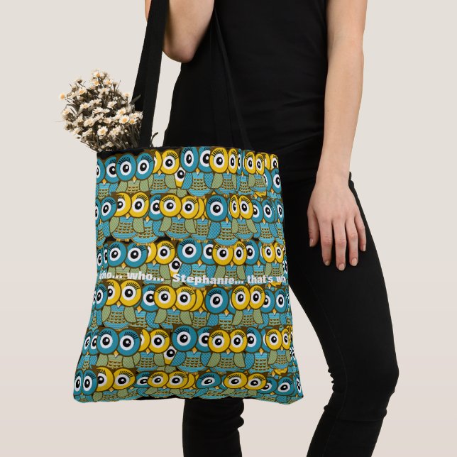 Cute Yellow Blue and Green Owl Pattern Tote Bag (Close Up)