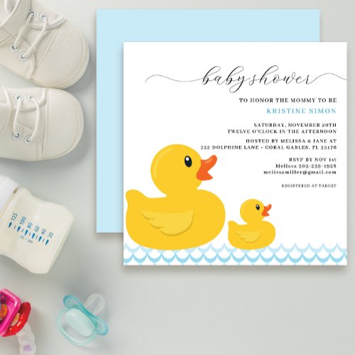 Cute Yellow  Blue Rubber Ducky Baby Shower Modern Invitation