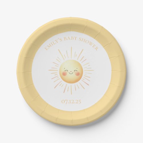 Cute Yellow Boho Smiling Sunshine Baby Shower Paper Plates