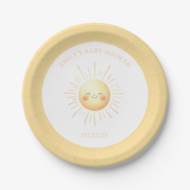 Cute Yellow Boho Smiling Sunshine Baby Shower Paper Plates (Front)