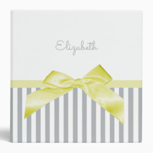 Cute Yellow Bow With Girly Gray Stripes and Name 3 Ring Binder