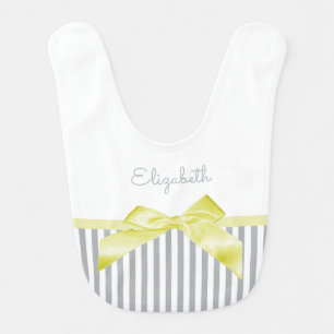 Cute Yellow Bow With Girly Gray Stripes and Name Baby Bib