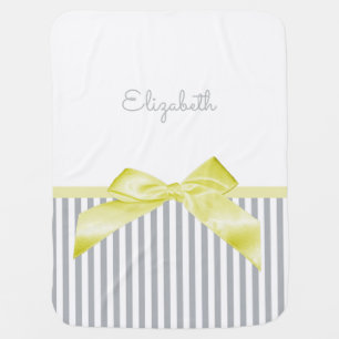 Cute Yellow Bow With Girly Gray Stripes and Name Baby Blanket