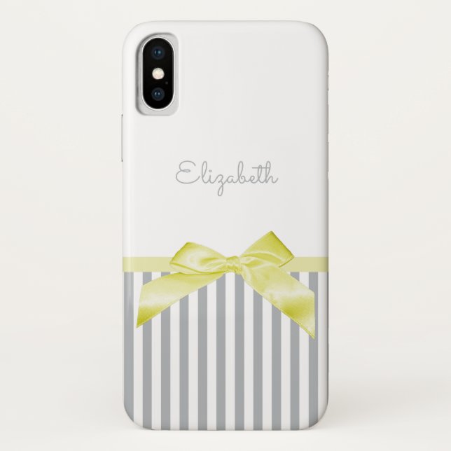 Cute Yellow Bow With Girly Gray Stripes and Name Case-Mate iPhone Case (Back)